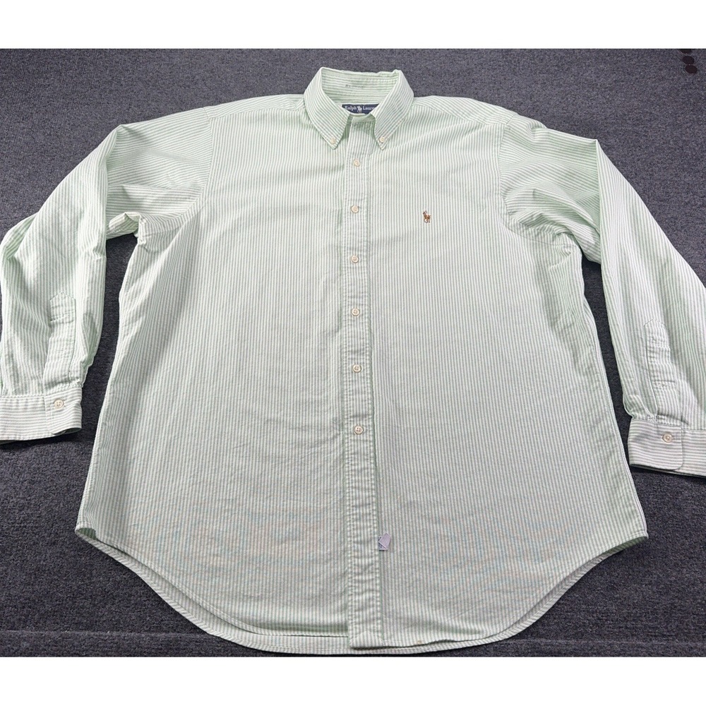 POLO RALPH LAUREN Long Sleeve Shirt Mens 17-36 Green Stripe Flesh Pony *
